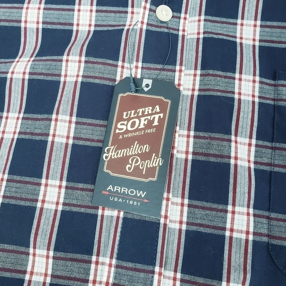 NWT Men's Arrow Button Down Plaid Dress Shirt Hamilton Poplin Navy - Picture 5 of 7